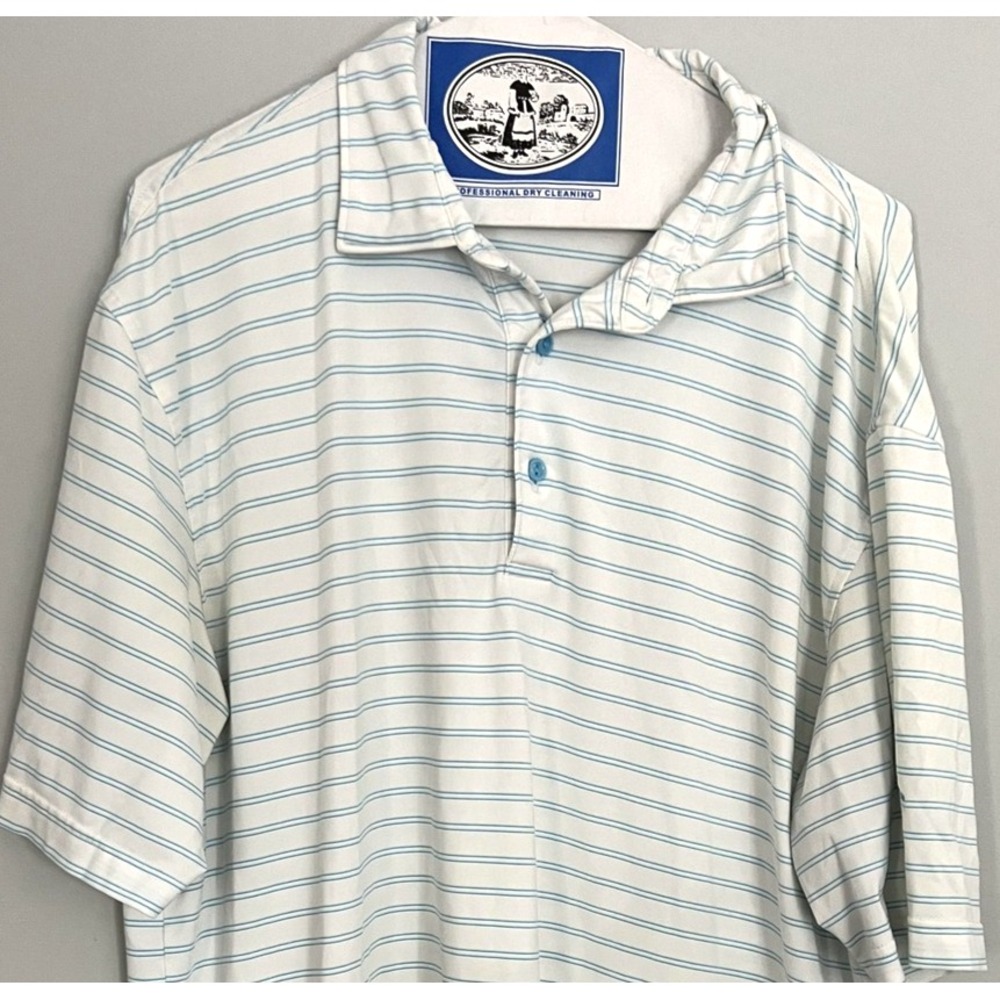 Peter Millar Polo Shirt Mens L White Blue Strip Summer Comfort Golf Tech Stretch